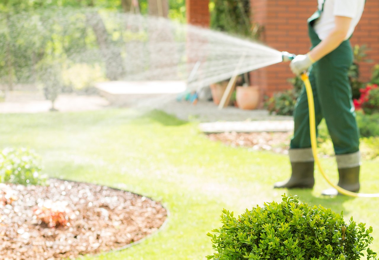 Technician Watering Lawn Hose