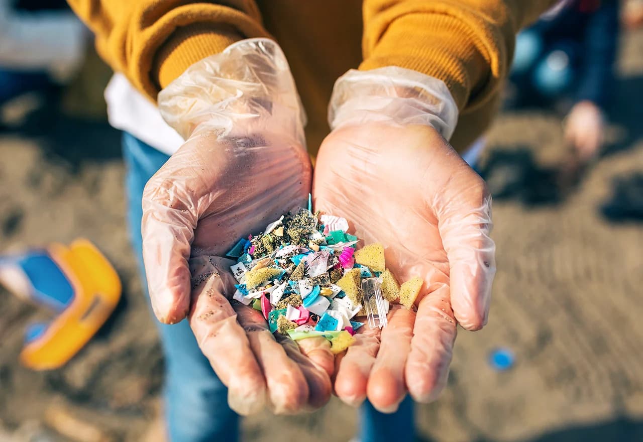 Close-up of a person holding tiny pieces of plastic debris on a sandy beach